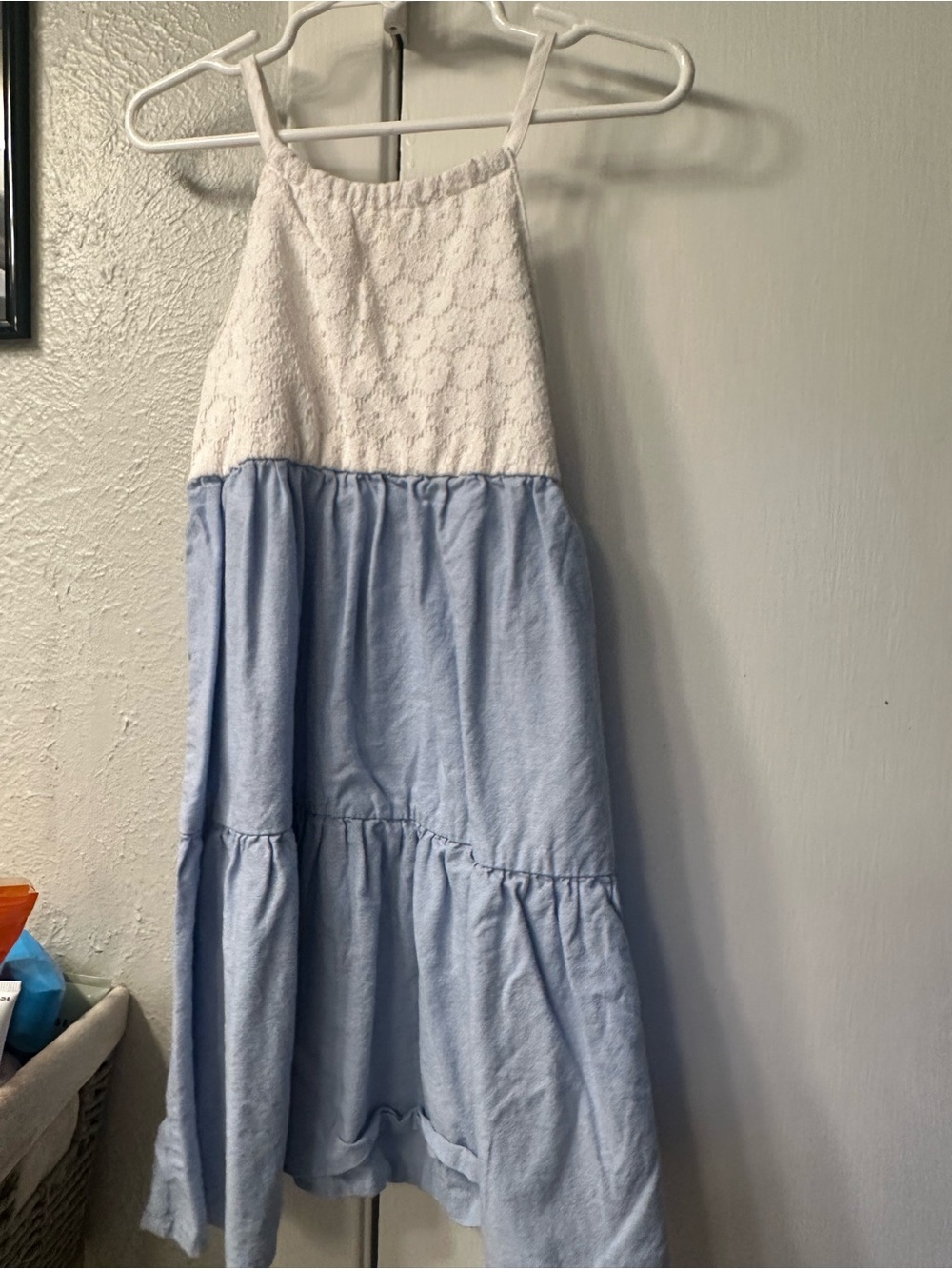 Girls White Lace & Light Blue Tiered Sundress